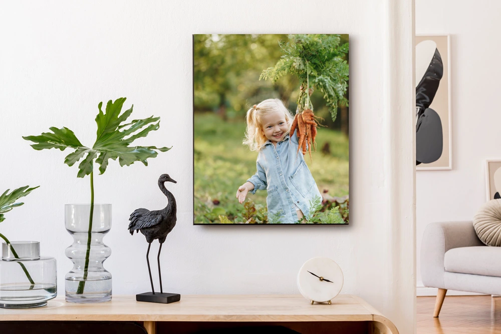 A modern living space featuring a shadow print of a smiling young girl holding freshly harvested carrots, mounted on a white wall