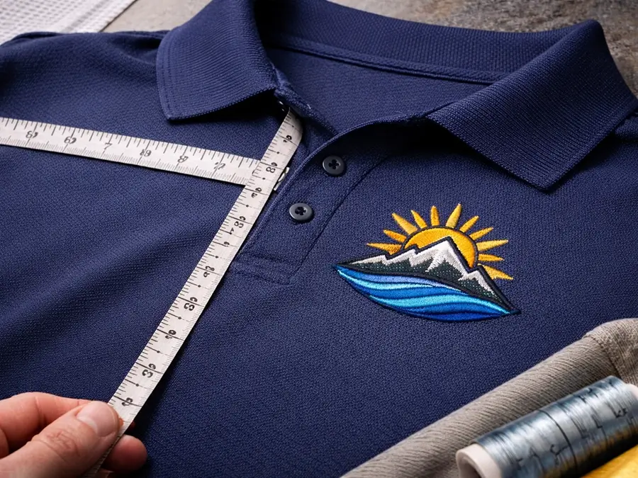 Measuring tape showing standard left-chest embroidery placement on a polo shirt, with stitching positioned for consistent alignment