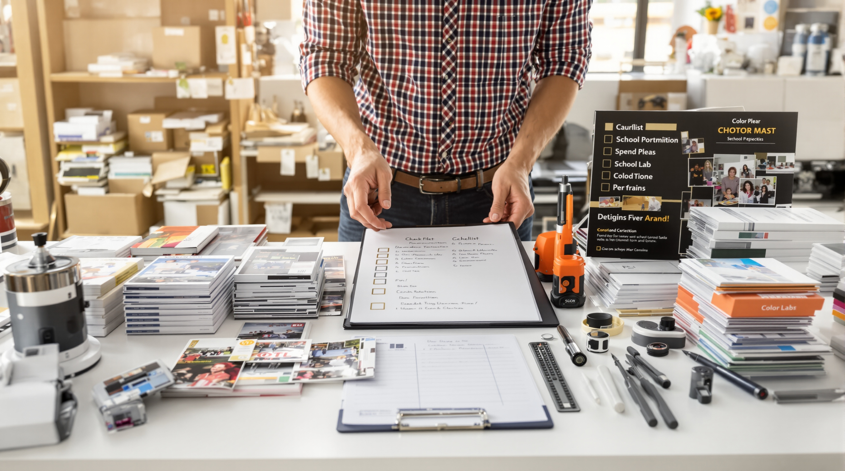 Professional photographer organizing school portrait and sports photo prints in studio with clipboard and color calibration tools