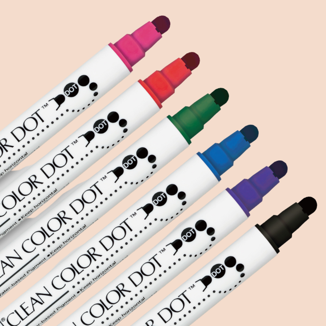 Zig Clean 6 pack Dot Pens with dual points in pink, red, green, blue purple and black.