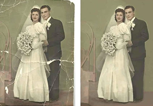 Damaged vintage wedding portrait with visible cracks and wear next to restored vintage wedding portrait with damage repaired and image clarity improved