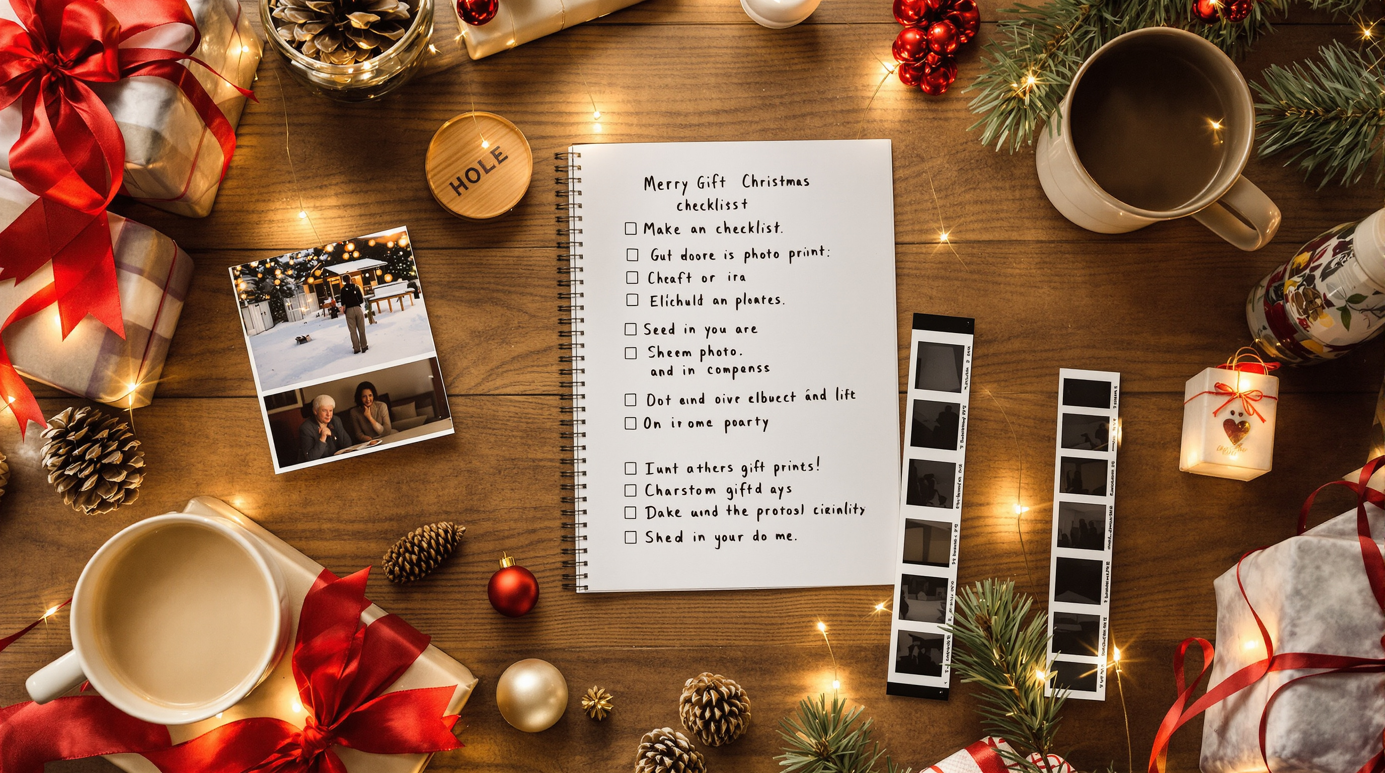 Holiday flat-lay with film photo prints, analog negatives, gift checklist, pine cones, red ribbon, cocoa, and wrapped photo gifts on wooden table