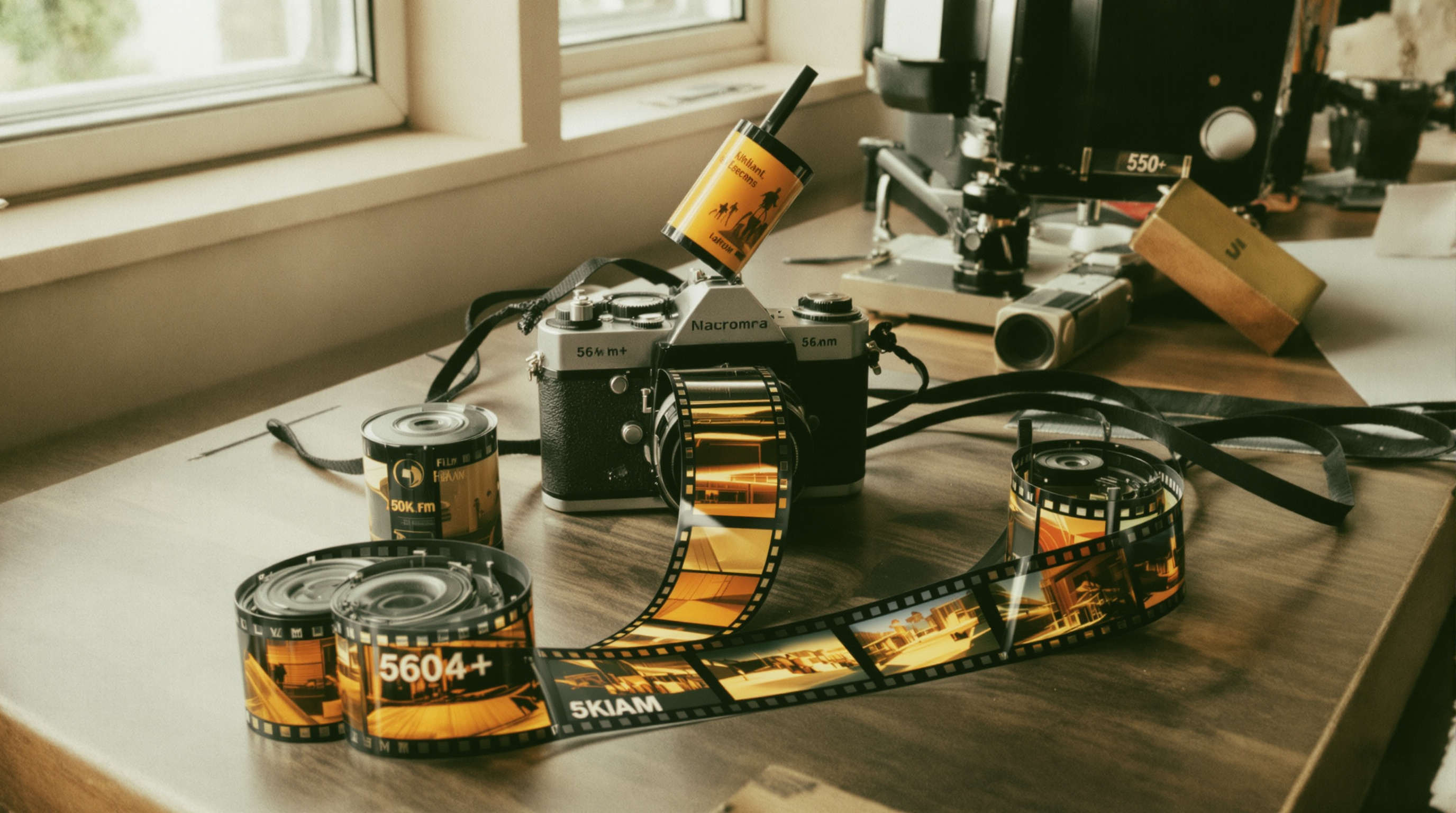 A vintage 35mm film camera with film rolls nearby, sitting on a wooden table near a window with soft natural light. A partially developed strip of color negative film shows warm-toned images, while darkroom equipment is visible in the background. The scene