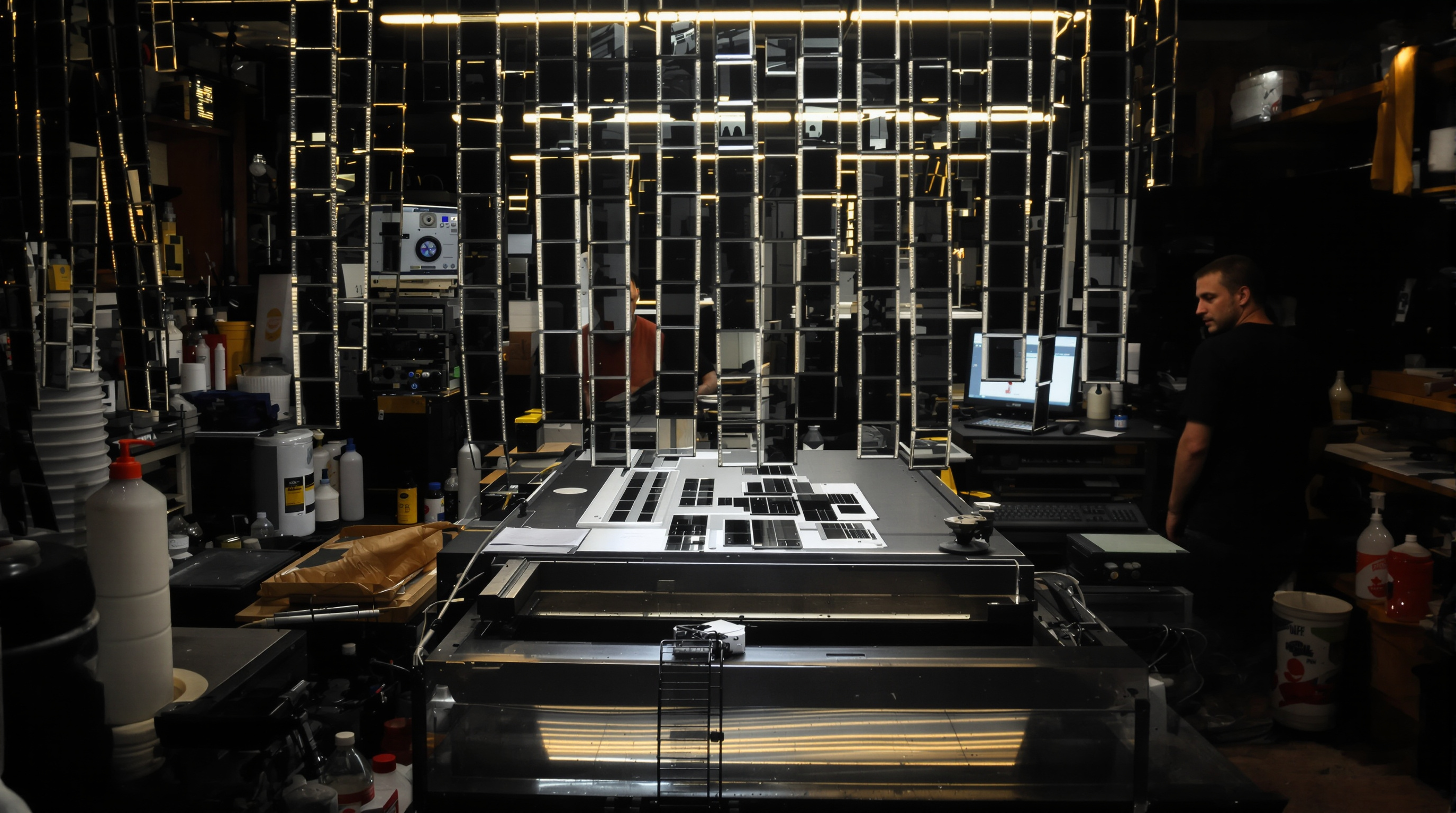 A detailed photographic scene of a film processing darkroom in Kentucky with hands carefully developing black and white film strips. The image shows both traditional silver halide processing and scanning equipment in the background, with strips of Ilford H