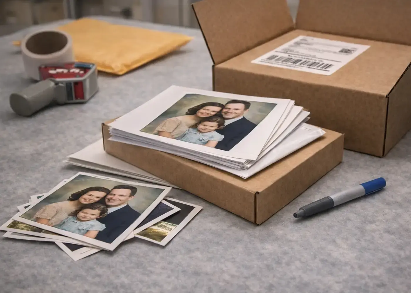 Print fulfillment scene showing finished photo prints, protective packaging, and shipping-ready materials on a clean worktable.