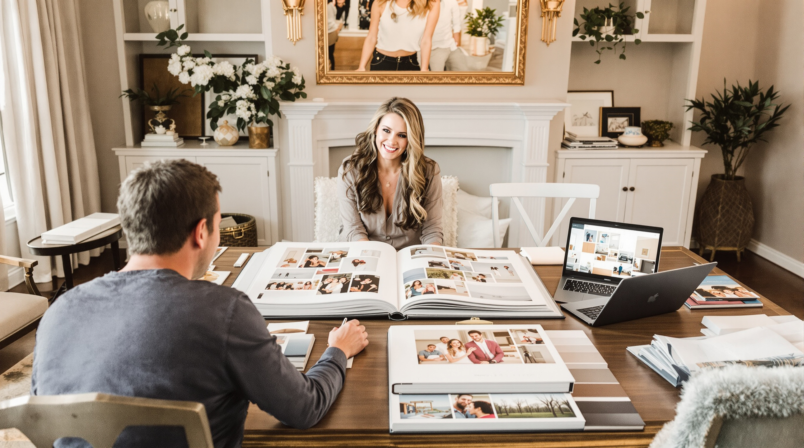 Photographer reviewing canvas prints and photo album with family client at styled studio table in Louisville