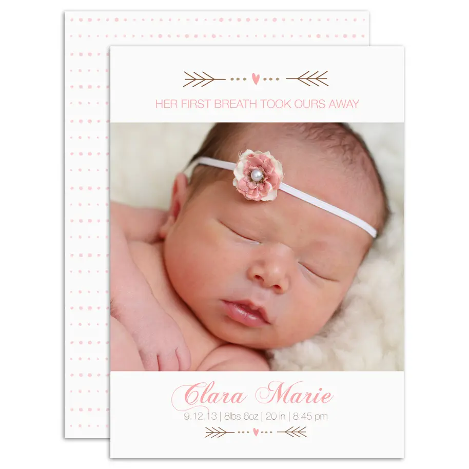 Baby announcement photo card with pink design