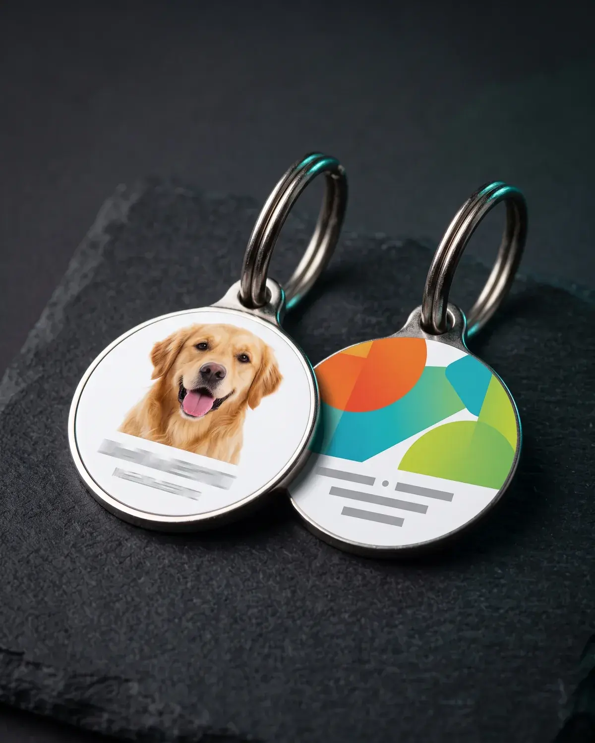 Round full color metal pet ID tags on split rings.