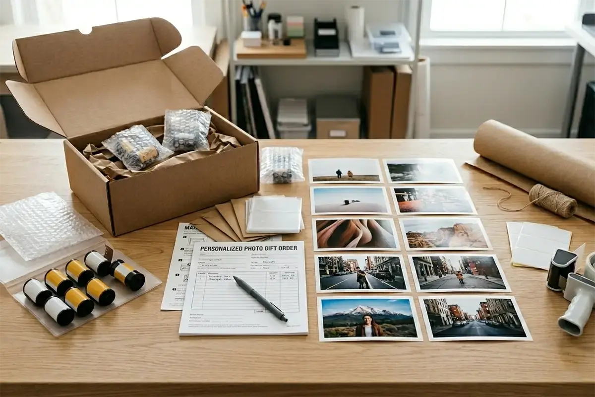 Clean mail-in film and print service kit with film rolls order materials and protective packaging on a tabletop