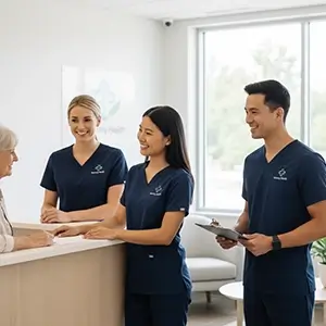 Medical office staff in embroidered scrubs and polos