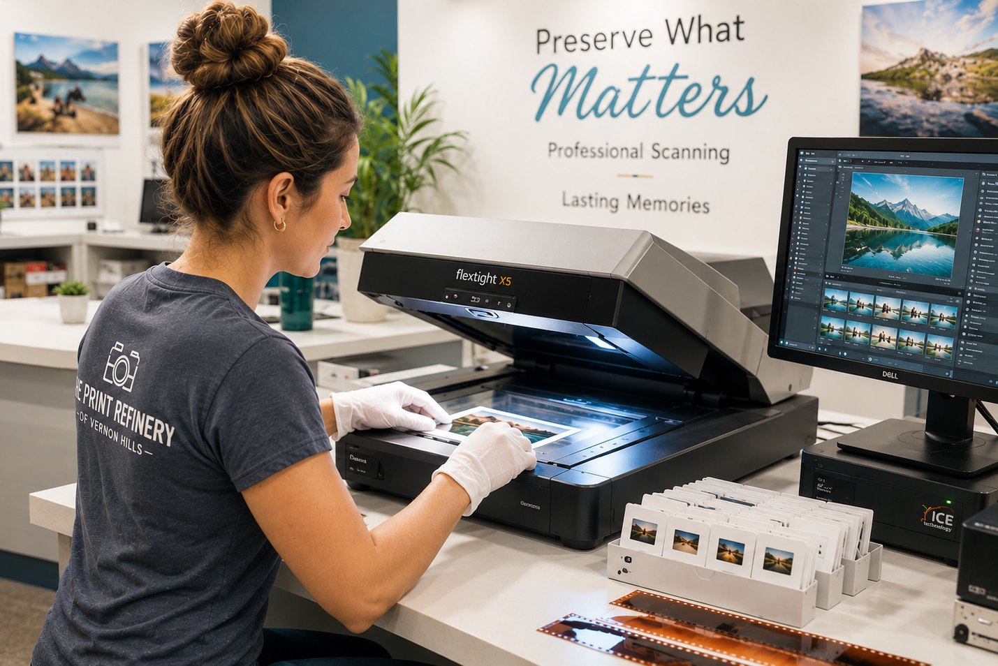 woman scanning slides on a scanner