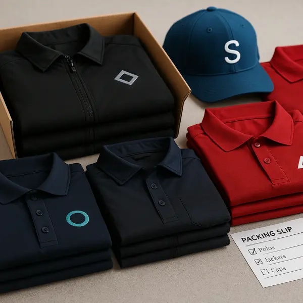 Neatly packaged embroidered garments ready for pickup or delivery