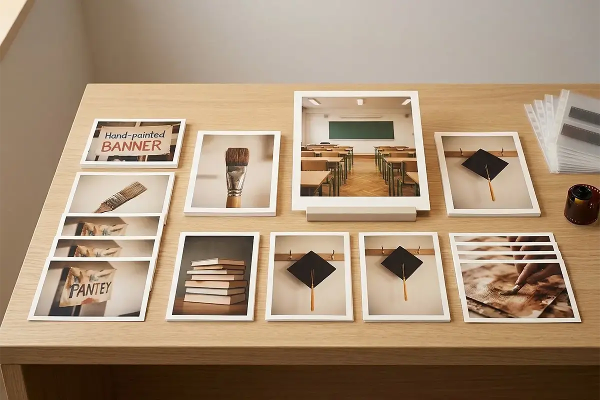 Finished photo prints laid out neatly on a clean table with color-accurate student-life images and a professional print lab feel