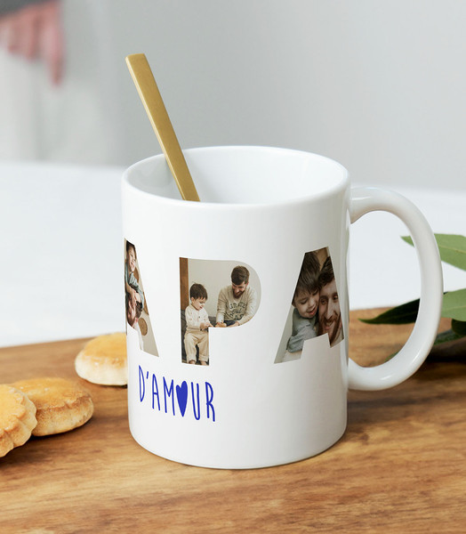 Mug personnalisé Photo Papa d’Amour avec photos de famille intégrées dans les lettres PAPA, cadeau original pour papa.