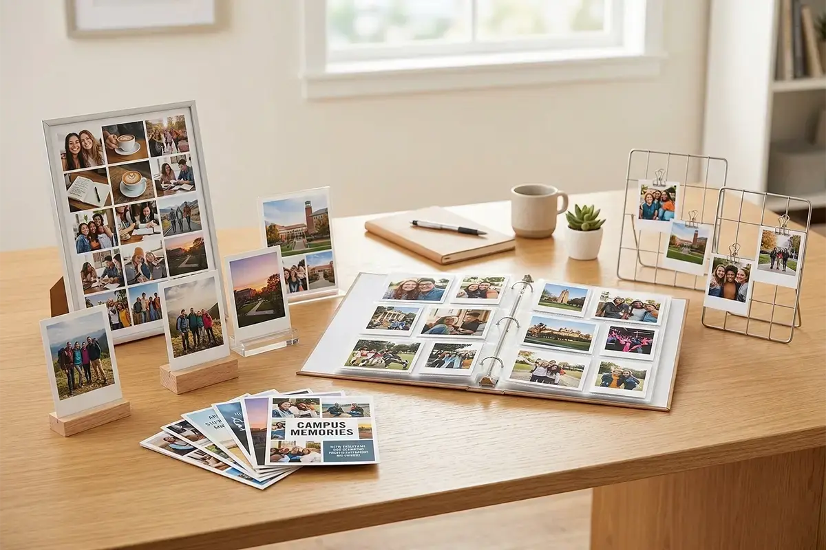 Small photo prints, collage prints, and display-ready student photos arranged in a clean modern setting