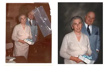 Before and after restoration of a torn family photo of an older couple, with the missing corner rebuilt and faded color restored