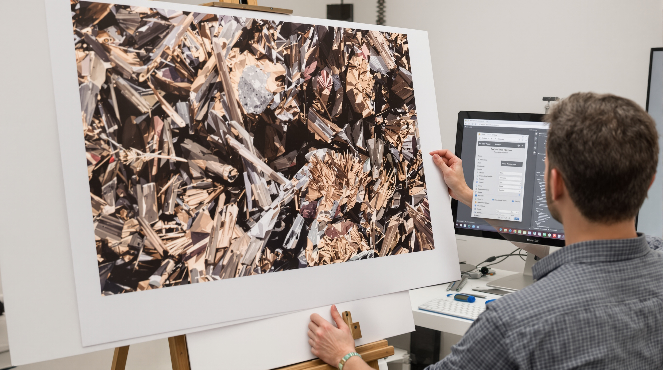 A professional photographer examining a large format fine art print on an easel, with a computer showing Lightroom's export dialog in the background. The scene includes a resolution chart and measuring tools on a nearby desk, with soft studio lighting high