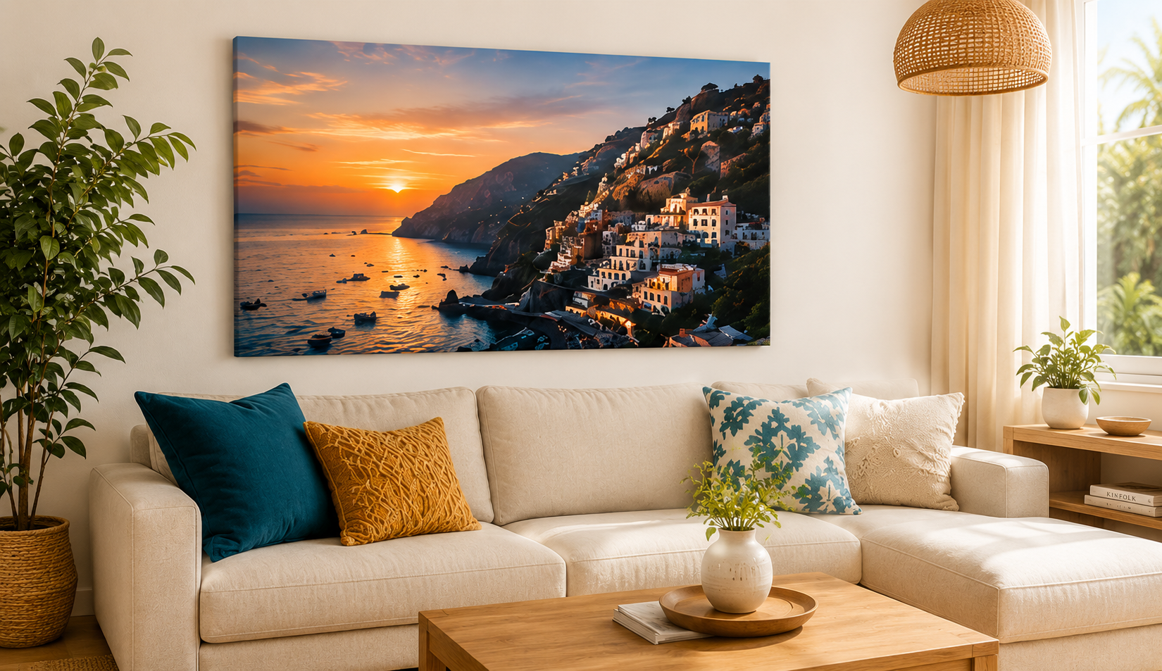 large canvas print above a couch