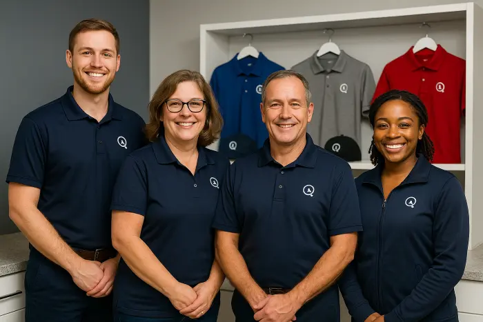 Small business team wearing embroidered polos