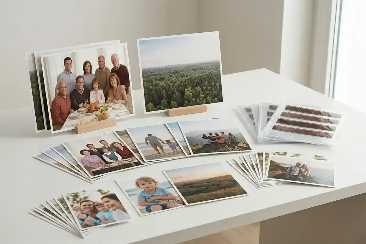 Finished photo prints laid out neatly on a clean table with color-accurate family images and a professional print lab feel