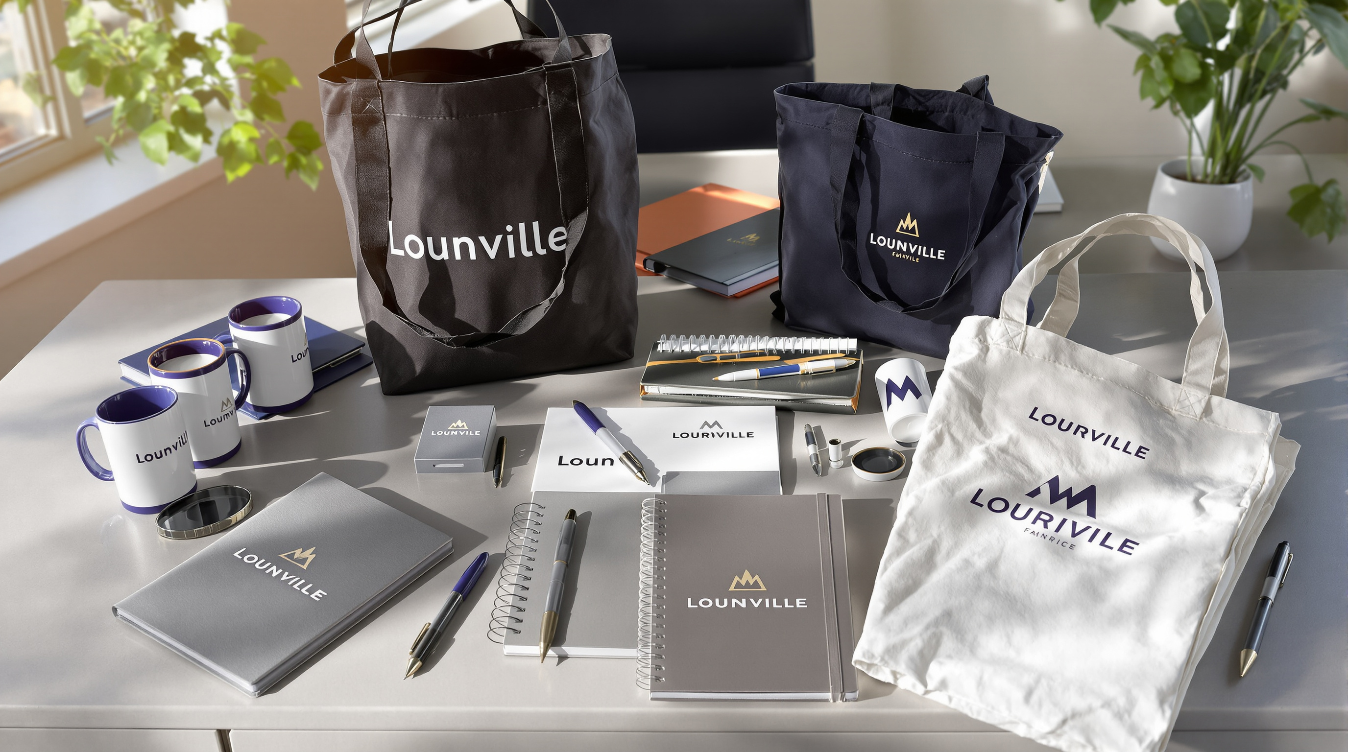 A professional flat-lay photograph of premium branded corporate gifts arranged on a sleek office desk in Louisville, including custom logo mugs, printed tote bags, personalized notebooks, and promotional pens, with warm natural lighting and a polished busi