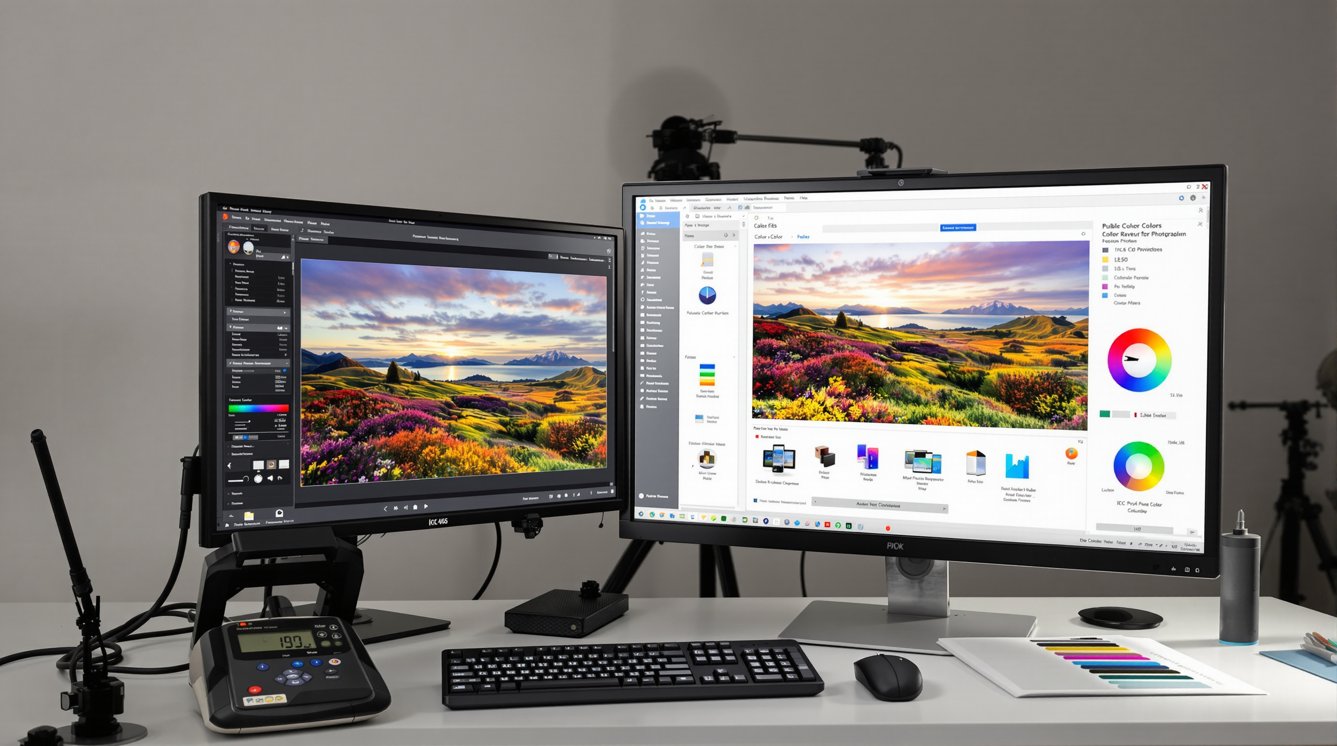 Professional photography color management workspace showing a calibration device on a high-end monitor displaying a colorful landscape photo next to the same image in print form, with ICC profile charts and color wheels visible in the software interface, i