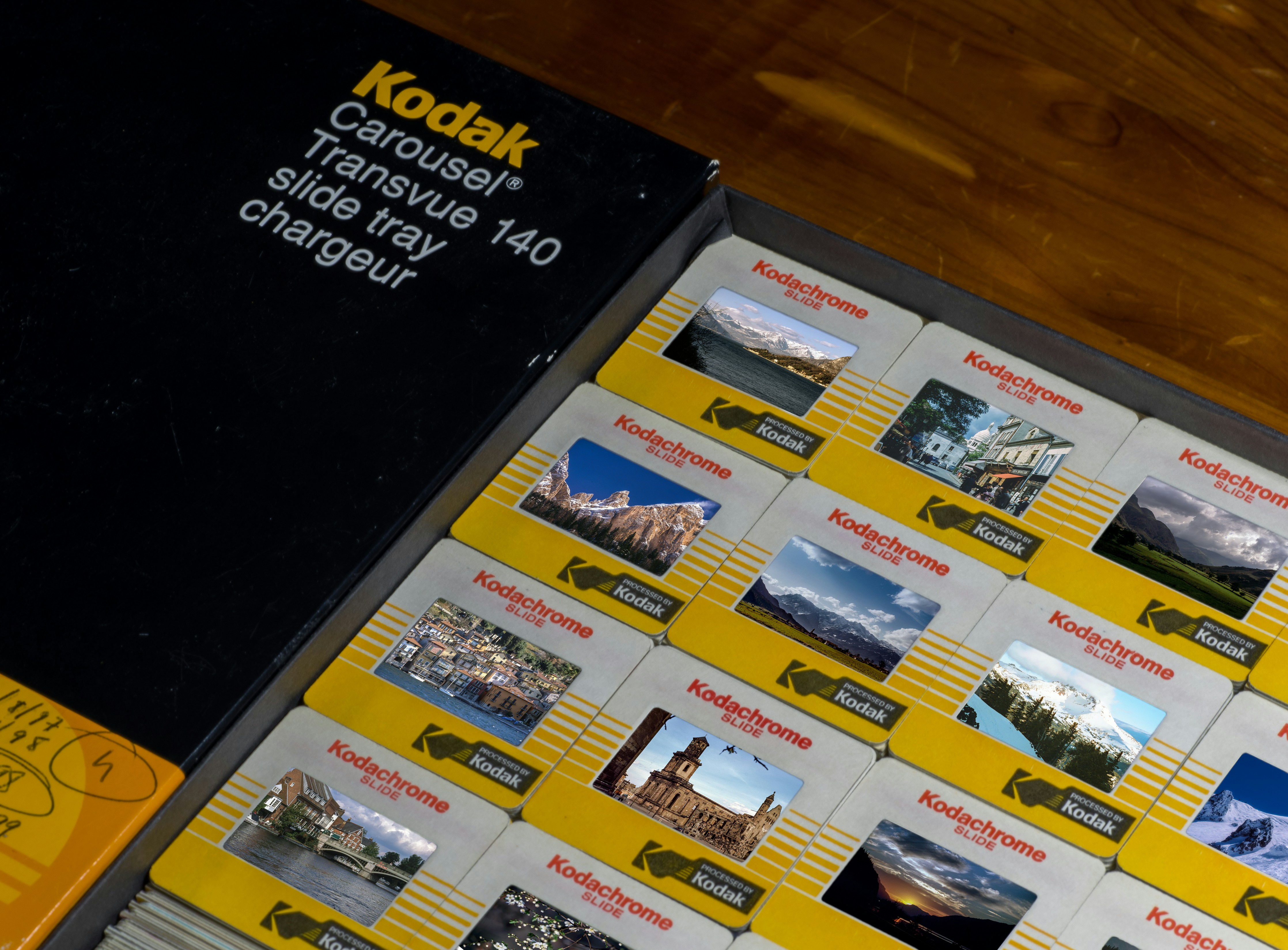 Kodak slides laid out on a table