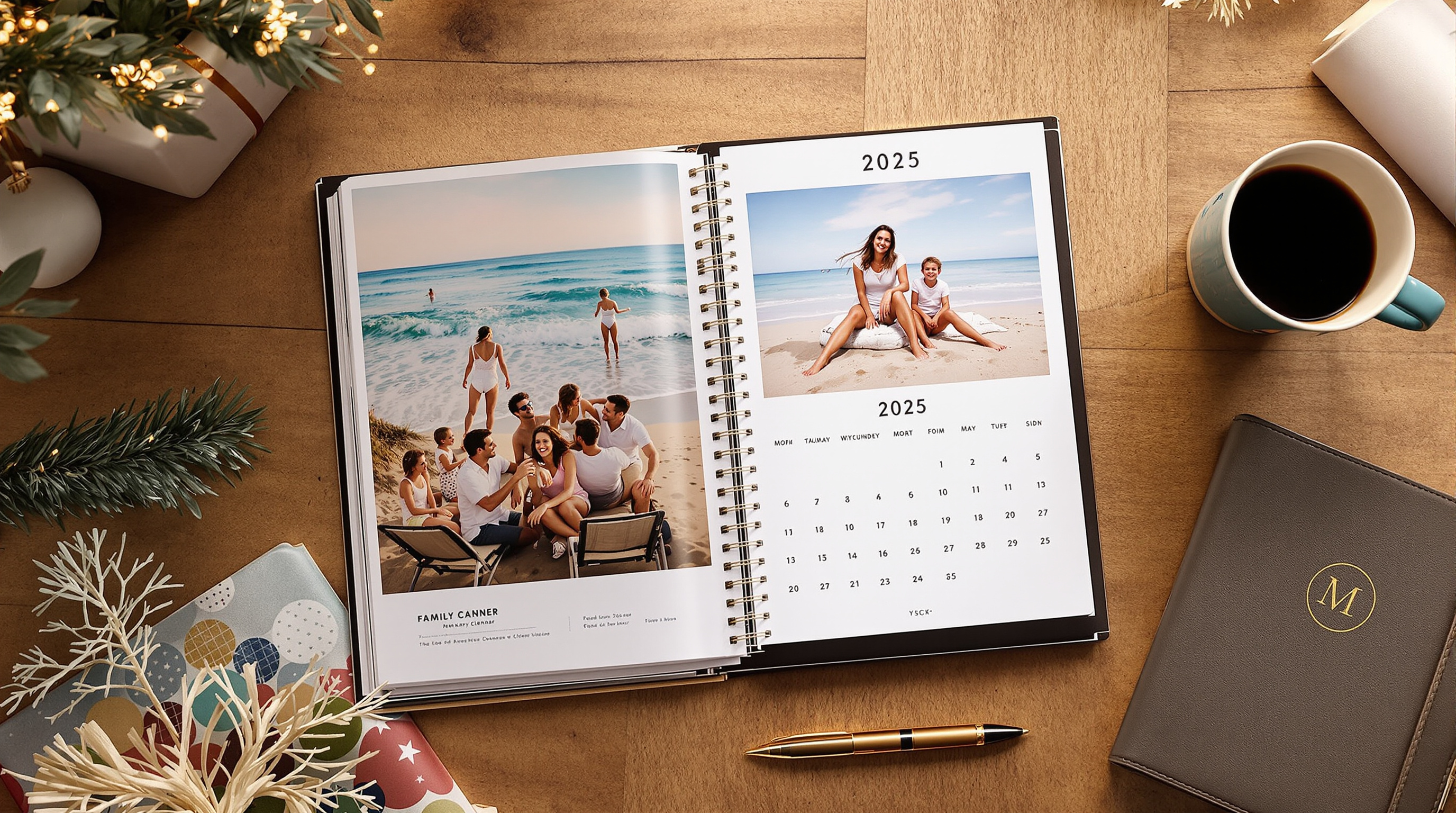 Professional photograph of an elegant personalized family photo calendar for 2025 open to a summer month showing a family beach photo, alongside a custom leather planner with monogrammed initials, arranged on a wooden desk with a cup of coffee, a pen, and 