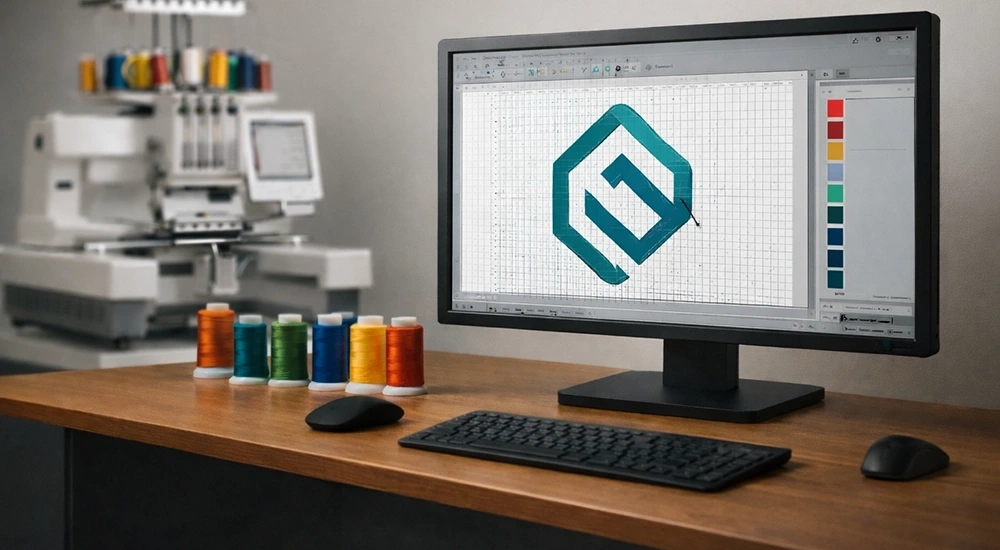 Embroidery digitizing workstation with a logo on screen and colorful thread cones, showing how artwork is prepared for stitching