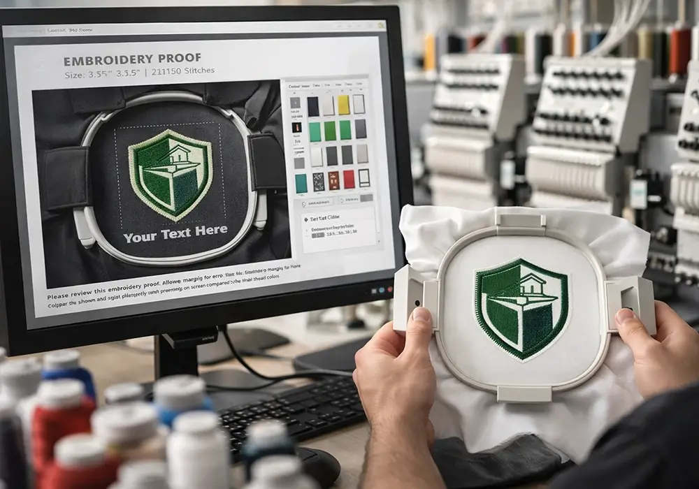 Embroidery proof on a computer screen with thread spools on the desk, showing color callouts and a stitch-ready logo