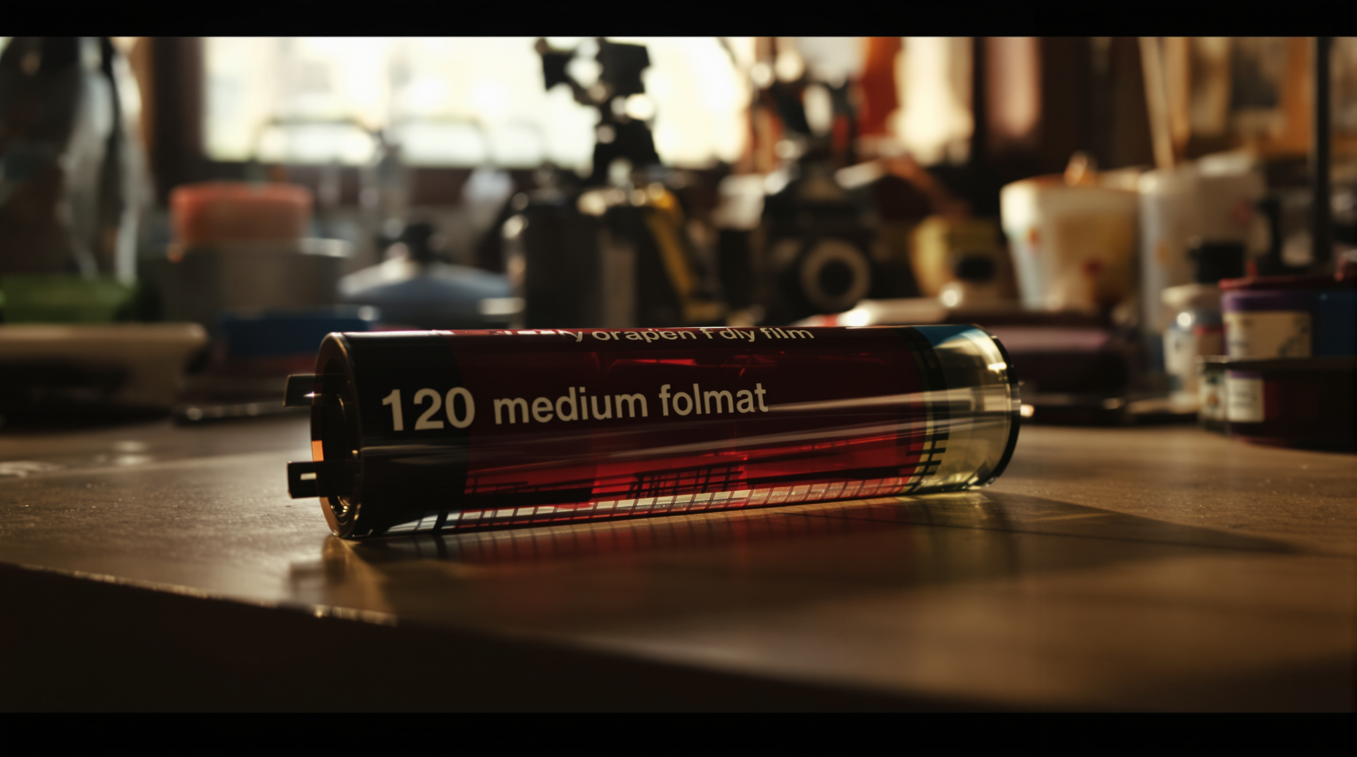 120 medium format film unspooled beside vintage camera and developing trays in Louisville darkroom