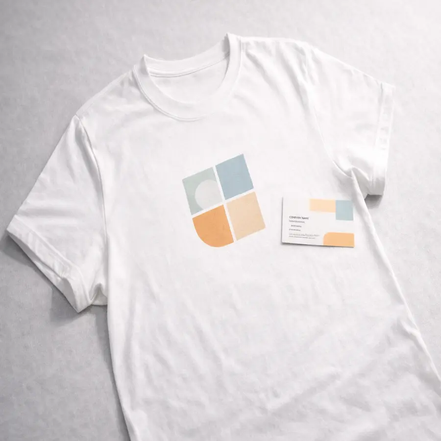 Branded apparel and direct-to-film transfer samples in a studio display