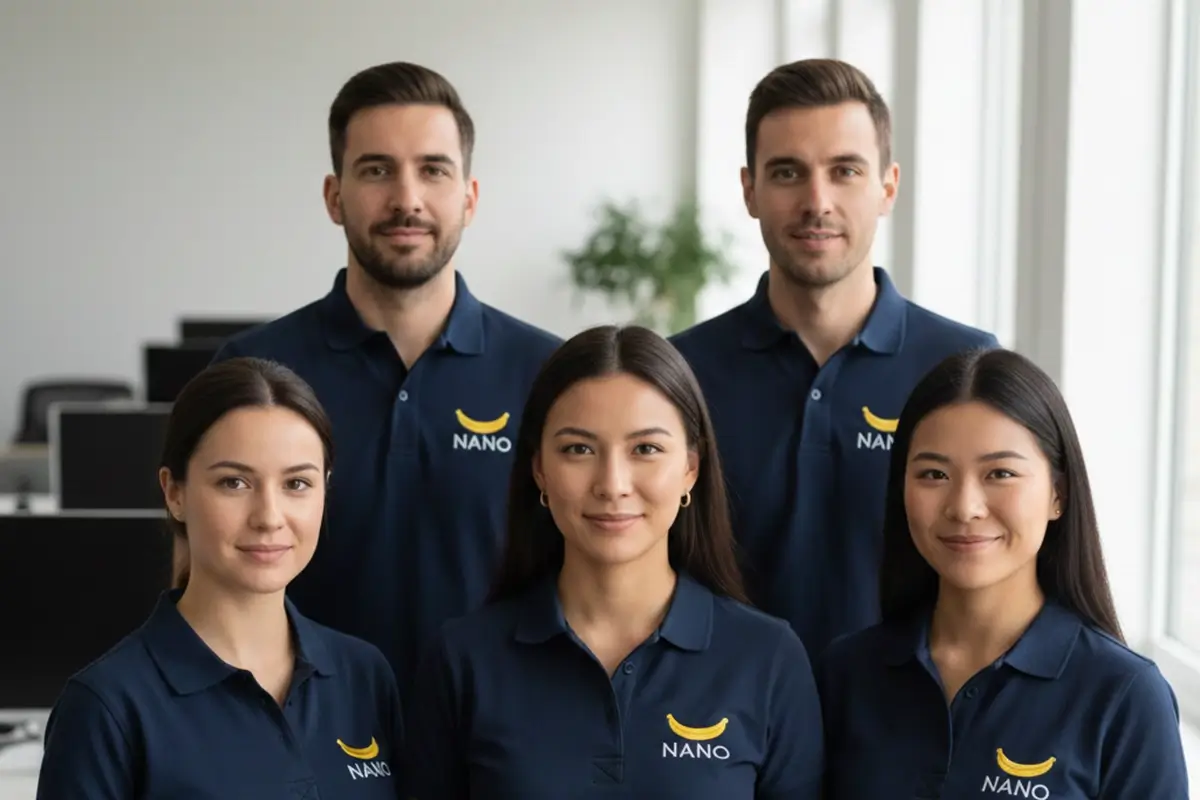 rofessional business team wearing coordinated embroidered polo shirts in office setting