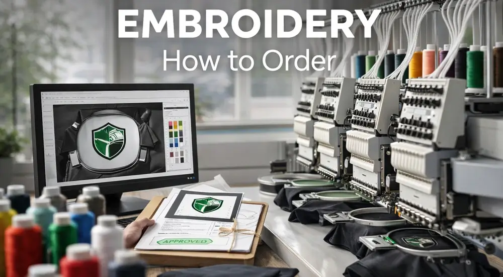 Custom embroidery ordering steps shown with a logo proof on screen, a simple checklist, and thread spools on a work table