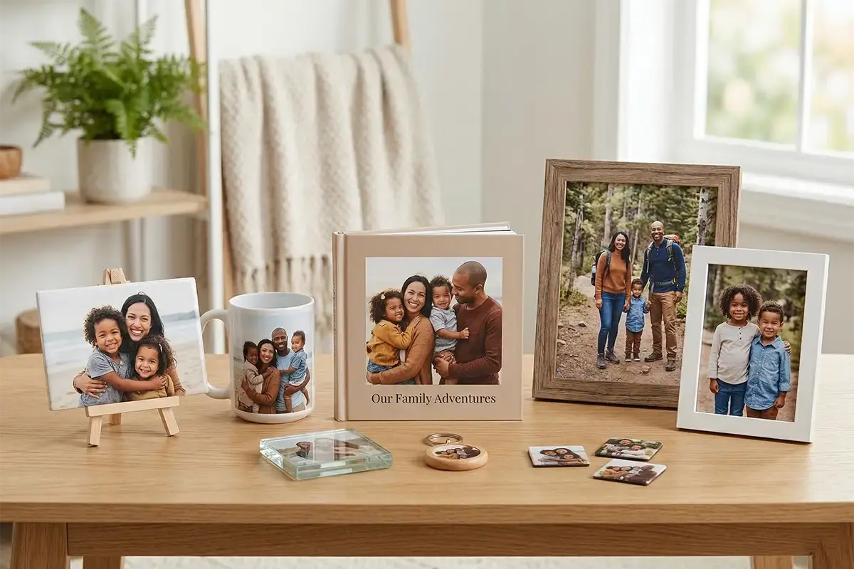 Photo gifts such as mugs desk prints mini books and small framed prints arranged in a clean modern setting