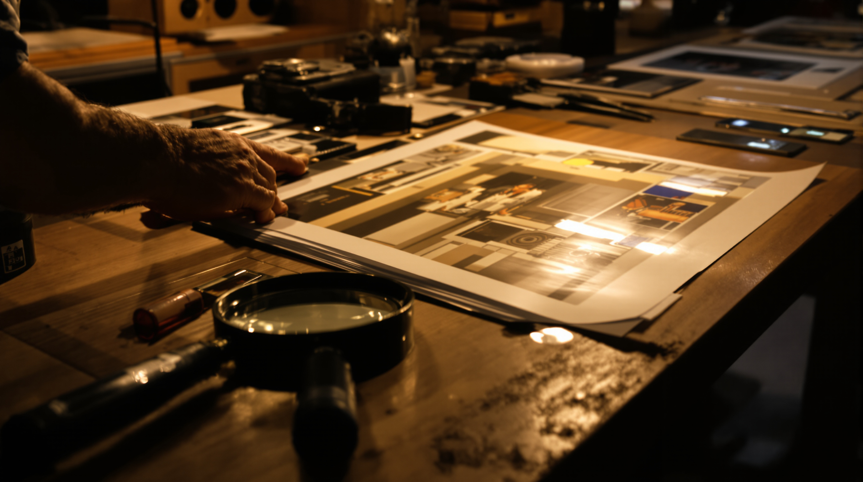 Photographer examining large-format analog print with magnifying loupe and film negatives on wooden table in Louisville photography lab