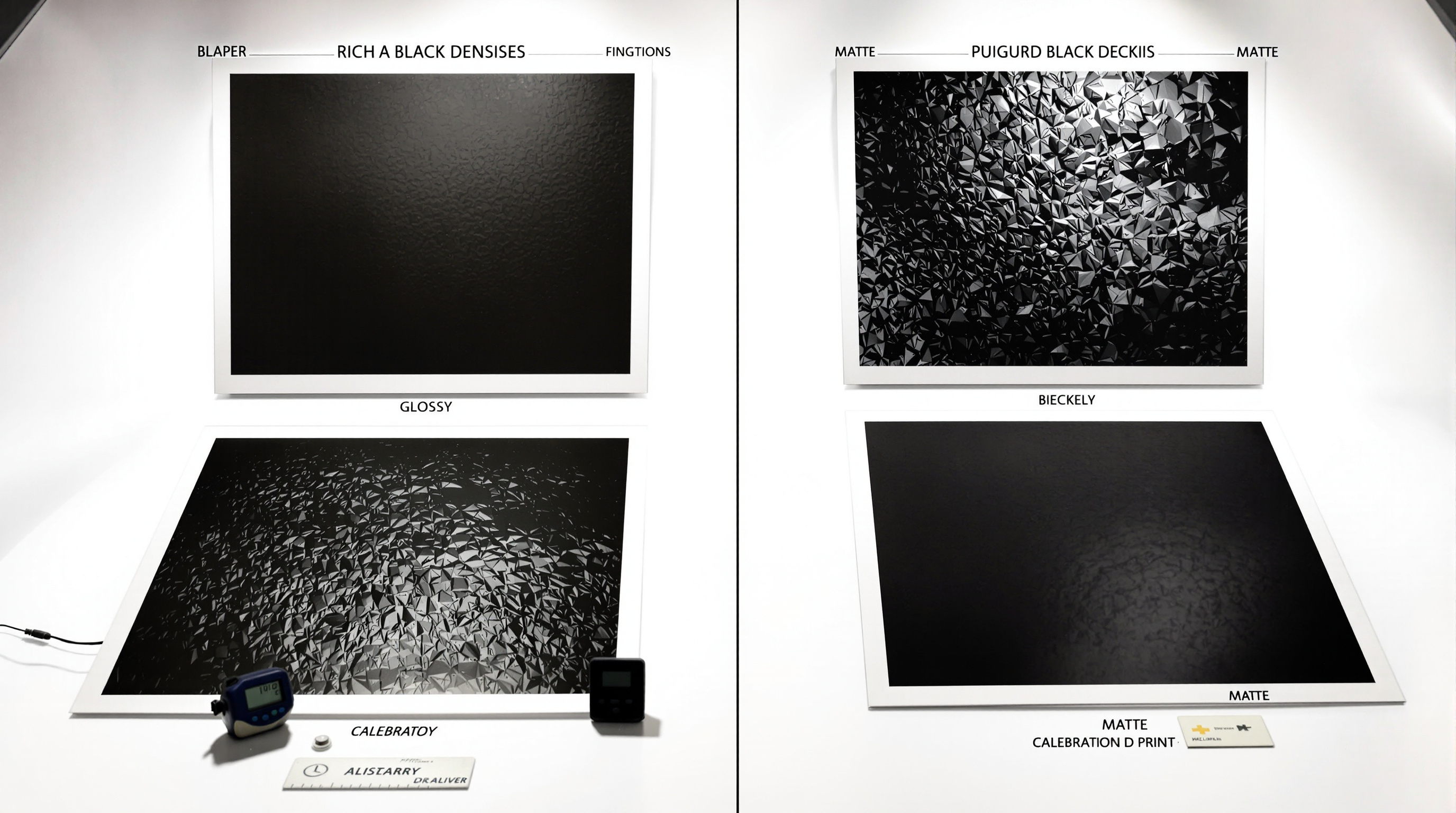 A professional photo print display showing side-by-side comparison of prints with different black densities under gallery lighting. One print shows rich, deep blacks with visible shadow details, while others demonstrate varying paper finishes from glossy t
