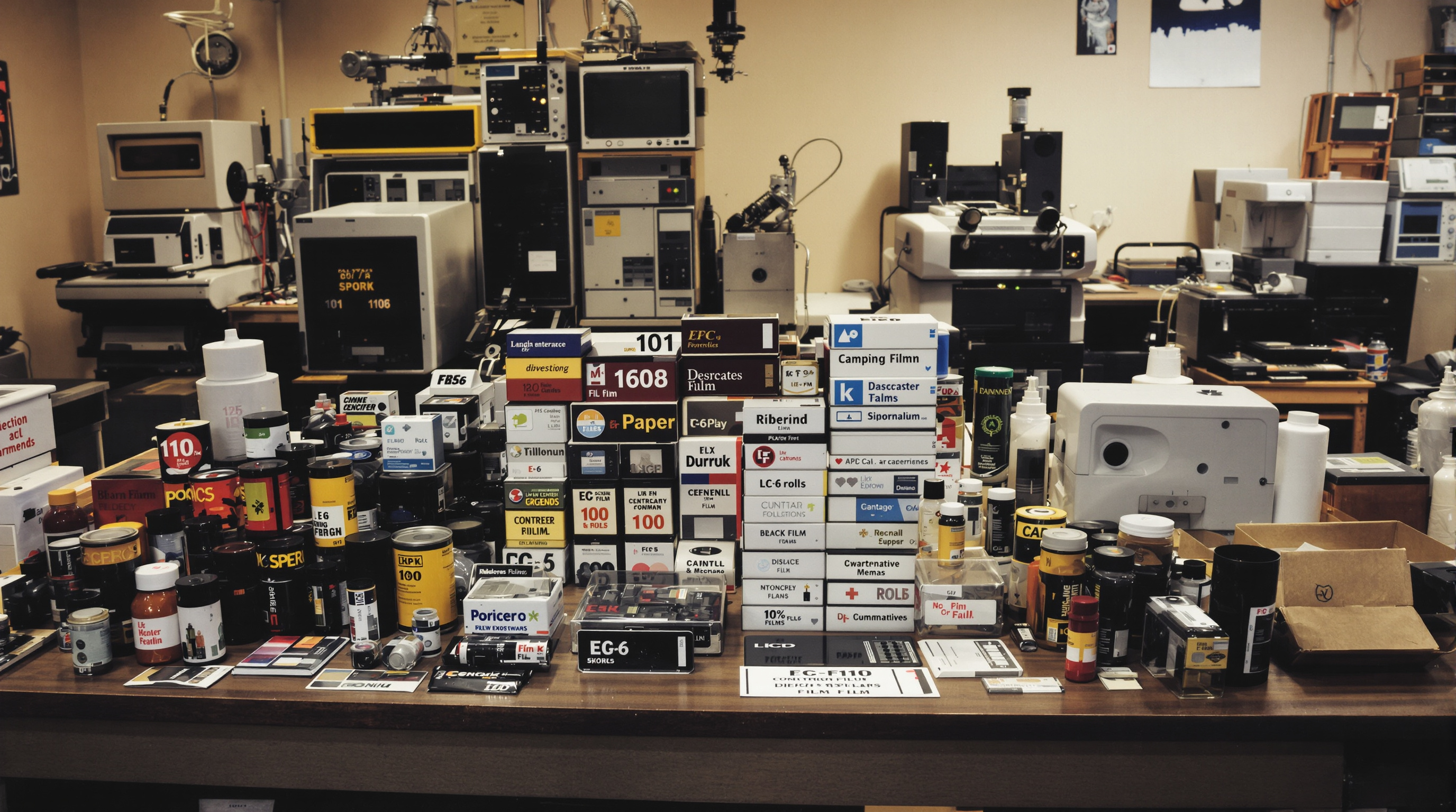 Professional film developing lab in Louisville with vintage processing equipment, showing various film formats including APS cartridges, 110 film, 126 film cassettes, medium format 120 rolls, E-6 slide film, black and white film strips, and disposable came