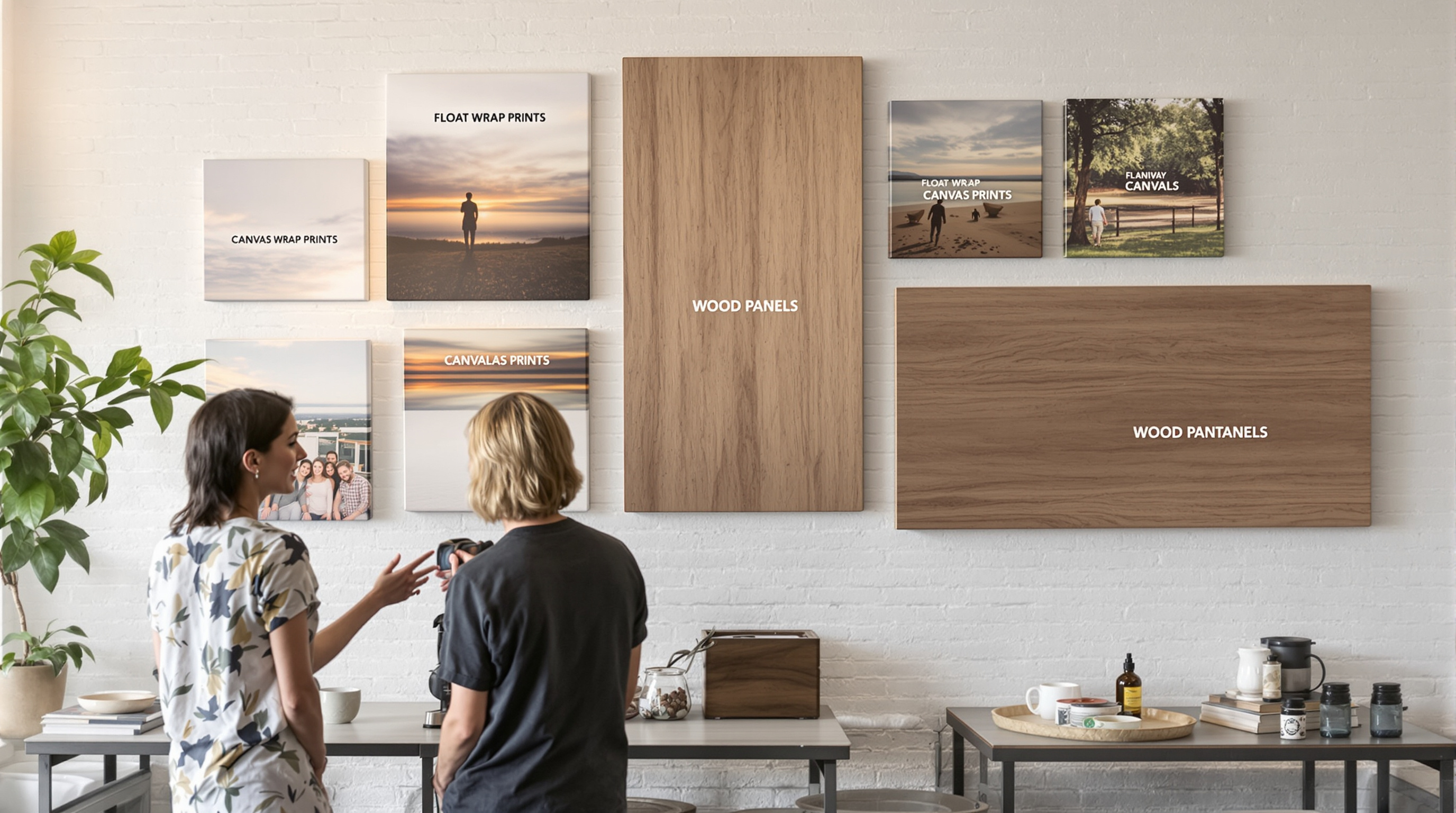 Photographer and client discussing float wrap prints, canvas prints, and wood photo panels displayed on white brick wall in Louisville photography studio
