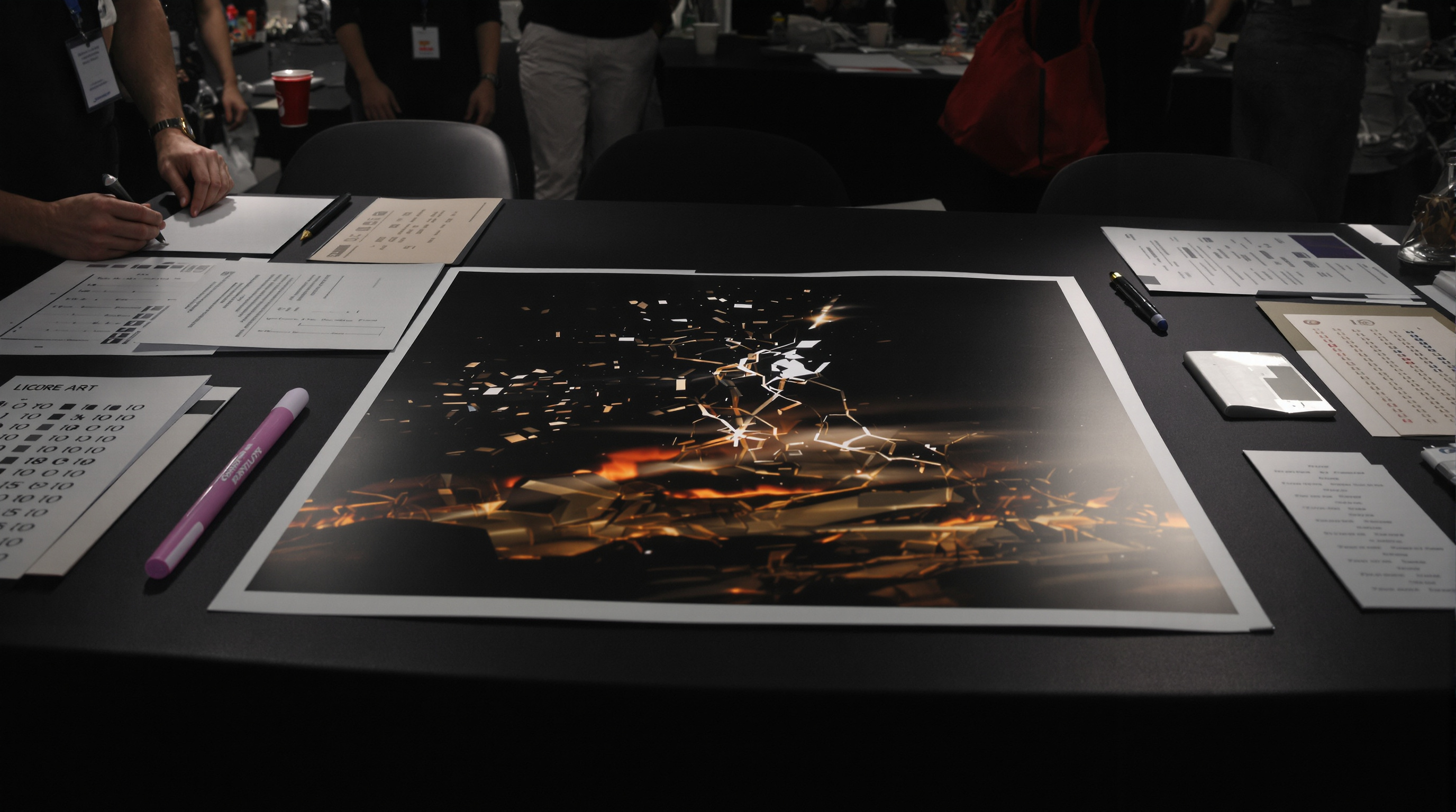 Fine art photographic print on judging table with judges reviewing score sheets