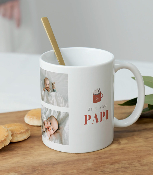 Mug personnalisé pour Papi avec trois photos de petits-enfants et message 'Je t'aime Papi', idéal comme cadeau de Noël