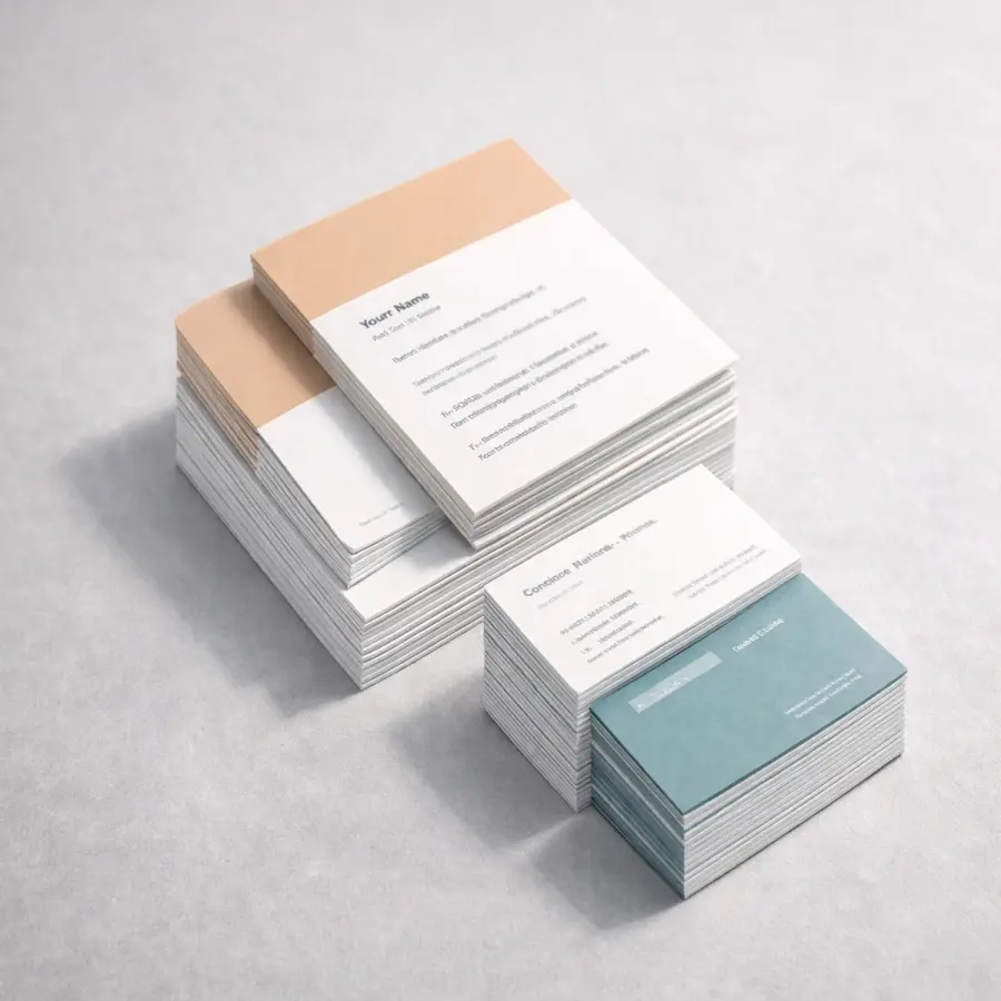 Premium business cards stacked on a clean studio surface