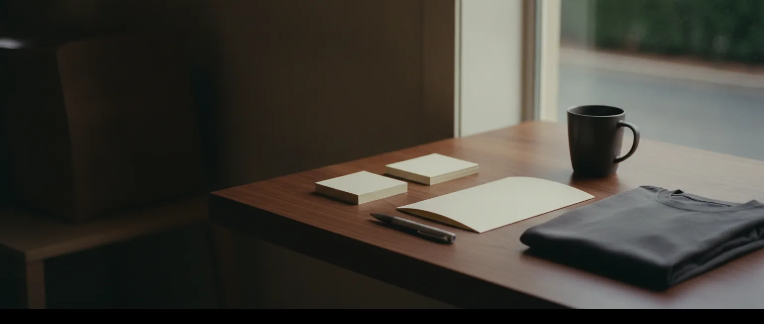Business cards, a brochure, a pen, a dark mug and a folded t-shirt on a walnut counter by a window.