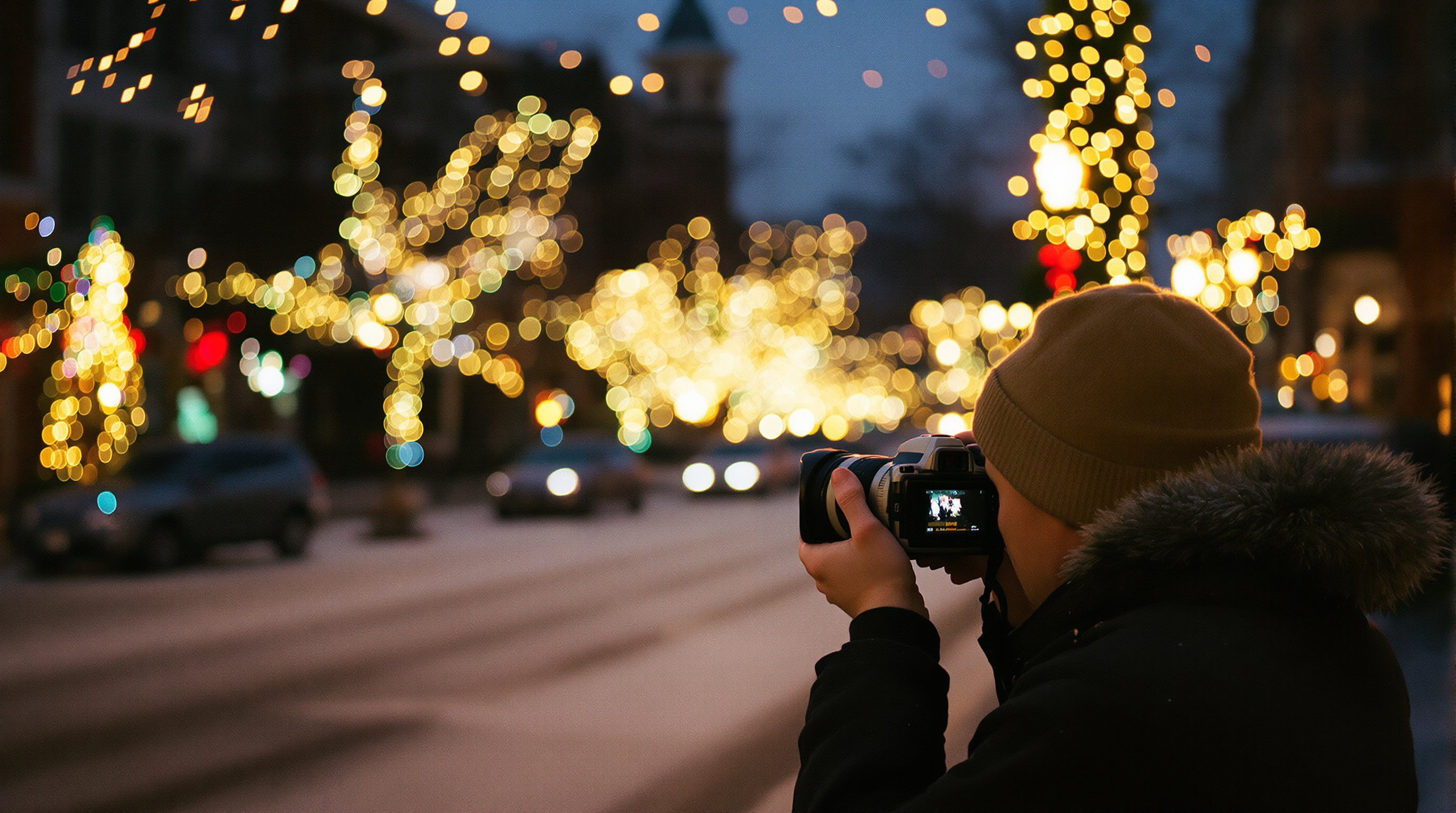 A film photographer capturing Christmas lights at twilight, using a vintage camera with Kodak Portra or Cinestill 800T film. The scene shows beautiful bokeh from holiday lights, visible film grain texture, and a snowy Louisville street with a warm, nostalg