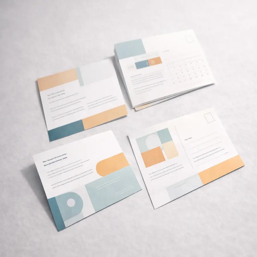 A set of branded postcards arranged neatly for direct mail marketing