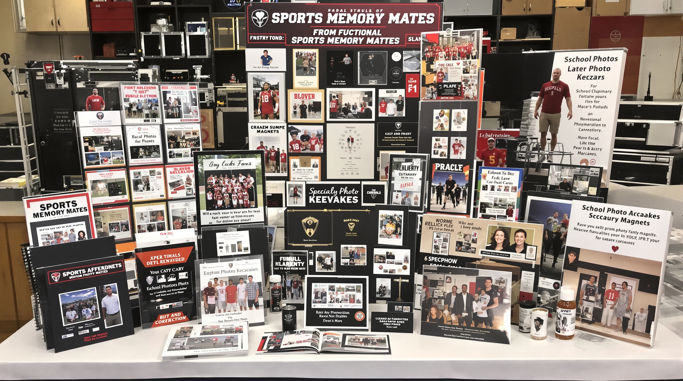 Professional photography product display featuring sports memory mates with player photos, custom photo magnets, school photo packages with specialty items, and team photo keepsakes arranged in a studio setting with photography equipment visible in the bac