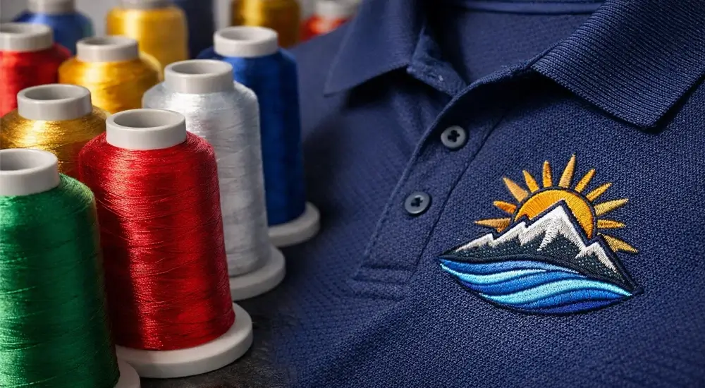 Embroidery thread cones and stitched logo sample showing clean stitch detail for color matching