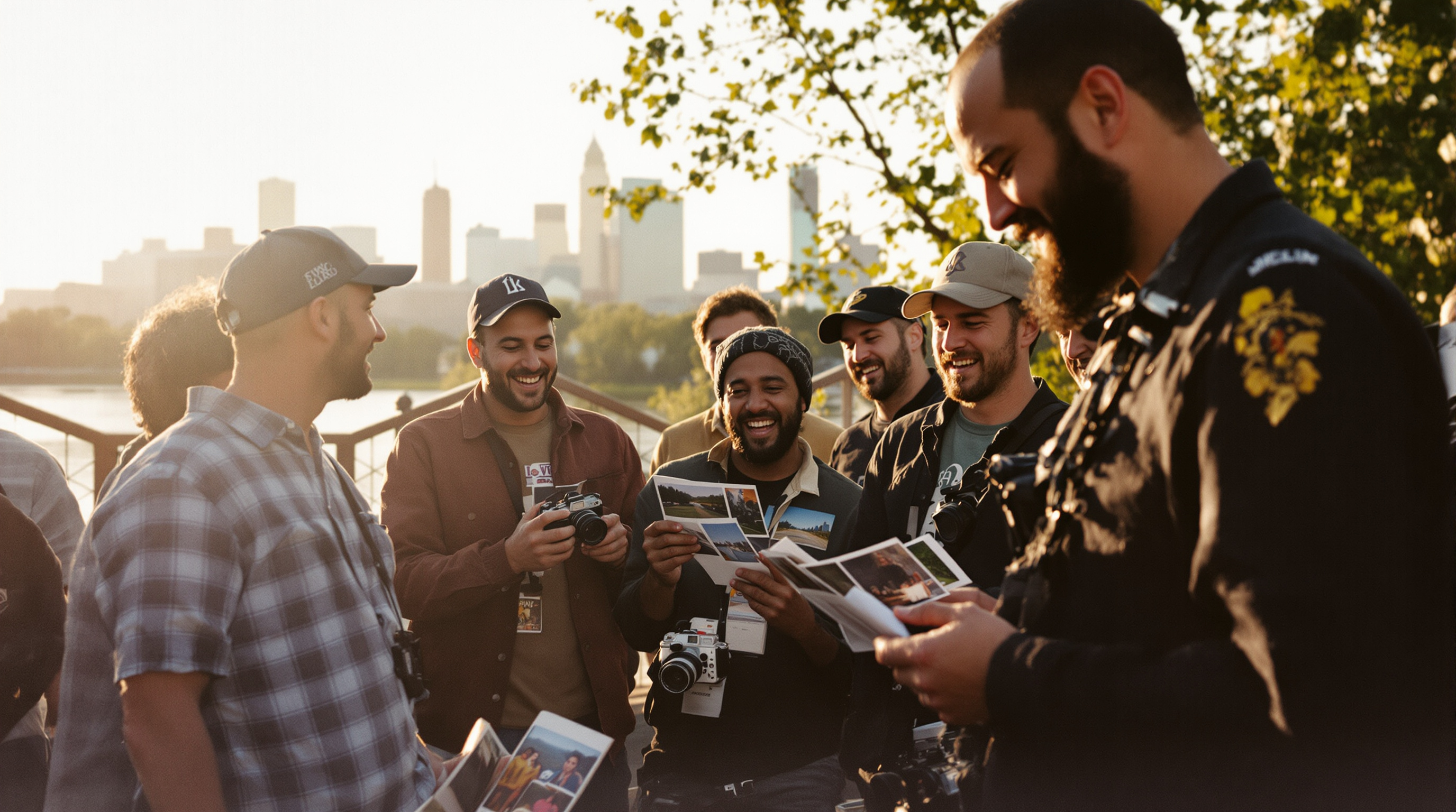 Diverse group of film photographers outdoors in Louisville, Kentucky, holding vintage cameras and reviewing printed photos with skyline in background