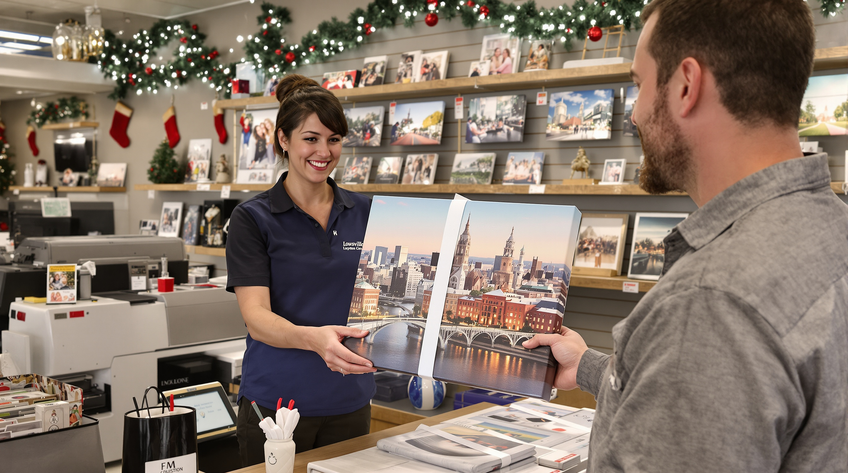 A warm, inviting Louisville photo print shop interior with holiday decorations, showing a smiling staff member handing a beautifully wrapped canvas print to a relieved-looking customer. Digital printing equipment visible in background, with sample photo gi