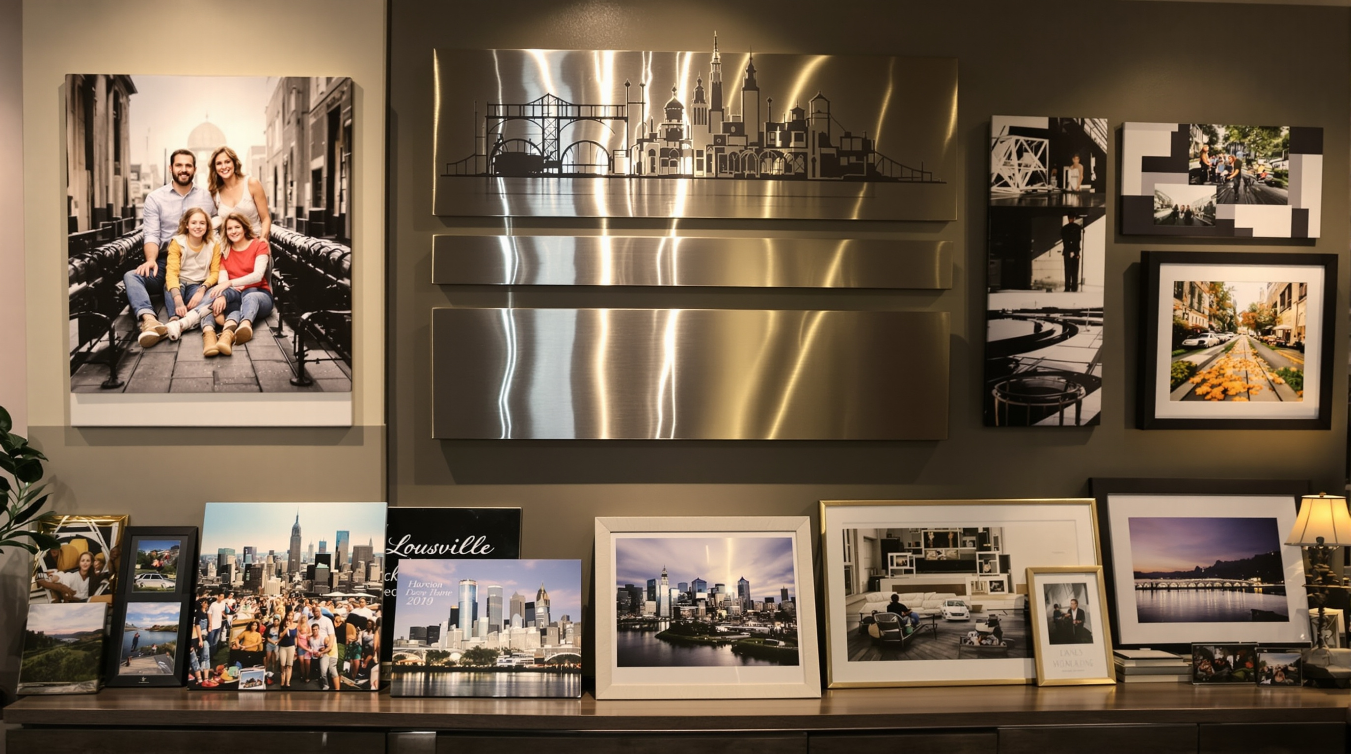 Professional photography studio in Louisville with displays of various custom wall art including a large canvas family portrait, sleek metal prints of city landmarks, and elegantly framed nature photographs, all arranged in a modern gallery setting with wa